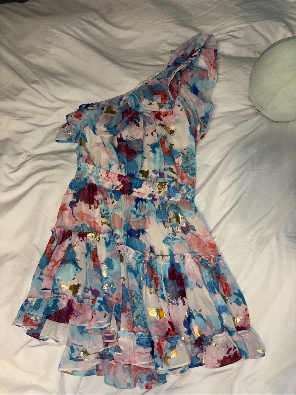 Buddy Love One-Shoulder Floral Ruffle Dress in Blue, Pink and Gold